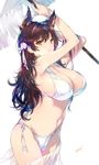  animal_ears arms_up artist_name atago_(azur_lane) azur_lane bare_arms bare_shoulders bikini blush breasts brown_hair cleavage commentary_request cowboy_shot extra_ears flower hair_flower hair_ornament holding holding_umbrella large_breasts long_hair looking_at_viewer min-naraken mole mole_under_eye navel orange_eyes ribbon sarong side-tie_bikini simple_background solo standing stomach swimsuit tareme umbrella white_background white_bikini white_ribbon 