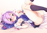  ass azur_lane bangs black_legwear blush bow bracelet breasts gloves gradient gradient_background green_eyes harigane_shinshi heart heart-shaped_pupils javelin_(azur_lane) jewelry kneehighs looking_at_viewer lying nipples nose_blush on_back panties partially_visible_vulva purple_hair red_bow single_glove small_breasts smile solo symbol-shaped_pupils underwear white_gloves white_panties 