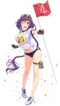  ;d braid breasts brown_gloves clenched_hands confetti flag formation_girls full_body gloves goggles goggles_on_head hachimaki hair_ribbon headband highres holding holding_flag large_breasts long_hair looking_at_viewer midriff navel nina_pawlenko official_art one_eye_closed open_mouth purple_hair ribbon shoes short_sleeves single_braid smile sneakers solo tenkuu_nozora track_uniform transparent_background very_long_hair 