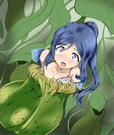  1girl blue_hair byoin carnivorous_plant cleavage love_live! love_live!_sunshine!! matsuura_kanan open_mouth plant ponytail vore 