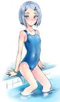  blue_eyes blue_hair blue_swimsuit blush bulge coin_rand competition_swimsuit crossdressing hair_ornament hairclip highres male_focus one-piece_swimsuit original otoko_no_ko pool poolside short_hair soaking_feet solo swimsuit water 
