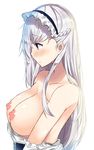  absurdres azur_lane backlighting bangs bare_shoulders belfast_(azur_lane) blush breasts closed_mouth collarbone commentary_request eyebrows_visible_through_hair from_side half_updo highres kurigura_(sketch_san) large_breasts long_hair nipples profile puffy_nipples purple_eyes silver_hair simple_background solo topless upper_body white_background 