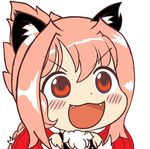  :3 :d animal_ears bangs bare_shoulders blush_stickers chibi drawfag eyebrows_visible_through_hair face fangs fur_collar gyate_gyate looking_at_viewer manticore_(monster_girl_encyclopedia) monster_girl monster_girl_encyclopedia non-web_source open_mouth pink_hair ponytail red_eyes simple_background smile solo v-shaped_eyebrows white_background wings 