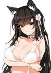  animal_ears atago_(azur_lane) azur_lane bangs bikini black_hair blush breasts brown_eyes cleavage closed_mouth commentary_request eyebrows_visible_through_hair flower hair_flower hair_ornament hair_ribbon large_breasts long_hair looking_at_viewer macchiato_(jae-min_cho) mole mole_under_eye navel ribbon simple_background smile solo swept_bangs swimsuit upper_body white_background white_bikini white_flower white_ribbon wristband 
