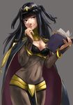  bangs black_bodysuit black_hair blue_eyes blunt_bangs bodysuit book breasts bridal_gauntlets cape cleavage cleavage_cutout closed_mouth commentary_request covered_navel cowboy_shot fire_emblem fire_emblem:_kakusei highres long_hair looking_at_viewer medium_breasts open_book pelvic_curtain smile solo tharja tiara two_side_up yasaidon 