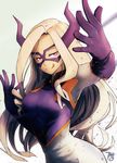  :p bangs blonde_hair bodysuit boku_no_hero_academia breasts domino_mask fighting_stance gloves half-closed_eyes highres hips horns licking_lips long_hair looking_at_viewer mask medium_breasts mount_lady parted_bangs pose purple_eyes skin_tight skindentation smile solo stefv tongue tongue_out upper_body very_long_hair white_background 