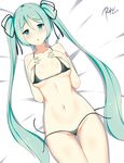  :o absurdres aqua_eyes aqua_hair ass_visible_through_thighs bikini black_bikini blush body_writing breasts commentary covered_nipples from_above hair_between_eyes hair_ribbon hands_on_own_chest hatsune_miku highres long_hair looking_at_viewer lying medium_breasts micro_bikini navel on_back ribbon ryle side-tie_bikini skindentation solo strap_gap swimsuit twintails untied untied_bikini very_long_hair vocaloid 