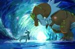  commentary_request day from_side gen_4_pokemon gen_6_pokemon glaceon highres kamemaru looking_at_another looking_down looking_up no_humans pokemon pokemon_(creature) profile sharp_teeth standing teeth tyrantrum 