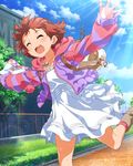  :3 artist_request backpack bag bangs blue_sky blush boots building closed_eyes cloud day dress grass hood hoodie idolmaster idolmaster_million_live! idolmaster_million_live!_theater_days jewelry necklace nonohara_akane official_art open_mouth outdoors outstretched_arms red_hair running short_hair sky smile solo spread_arms sunlight tree white_dress 