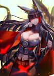  absurdres akagi_(azur_lane) animal_ears azur_lane bangs black_hair breasts cleavage commentary_request fox_ears fox_tail highres japanese_clothes large_breasts long_hair looking_at_viewer moruga red_eyes smile smirk solo tail wide_sleeves 