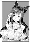  1girl animal_ears atago_(azur_lane) azur_lane bikini breasts commentary_request cum cum_on_body cum_on_breasts cum_on_upper_body extra_ears greyscale hair_ribbon hetero highres large_breasts monochrome nakasone_haiji paizuri penis ribbon smile swimsuit wolf_ears 