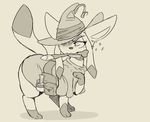  :3 animal_ears annoyed backsash bag beige_background crystal fang feet flask full_body gem glaceon half-closed_eyes hand_up hat looking_to_the_side looking_up monochrome mouth_hold no_humans paws pokemon pokemon_(creature) pokemon_dppt satchel simple_background solo sparkle standing tail teeth wand witch_hat 