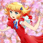  bangs blonde_hair blue_eyes bow covered_navel curly_hair dress hair_ornament hairclip hana_no_ko_lunlun kemi_(kemi433) looking_at_viewer lunlun magical_girl open_mouth outstretched_arms red_dress short_hair smile 