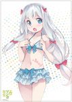  absurdres ass_visible_through_thighs bikini bikini_skirt blue_bikini blue_eyes bow breasts cleavage collarbone copyright_name eromanga_sensei eyebrows_visible_through_hair hair_bow hair_ribbon highres izumi_sagiri kanzaki_hiro layered_skirt long_hair looking_at_viewer low-tied_long_hair navel open_mouth polka_dot polka_dot_background polka_dot_bikini ponytail red_bow ribbon sidelocks silver_hair simple_background small_breasts solo standing swimsuit tress_ribbon trim_marks very_long_hair white_background 