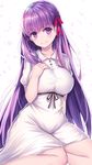  arm_at_side bangs bare_legs beeyan black_ribbon blush breasts closed_mouth collarbone collared_dress dress eyebrows_visible_through_hair fate/stay_night fate_(series) hair_ribbon hand_on_own_chest head_tilt highres large_breasts long_hair looking_at_viewer matou_sakura purple_eyes purple_hair red_ribbon ribbon shiny shiny_hair short_sleeves simple_background sitting smile solo tareme very_long_hair white_background white_dress wing_collar yokozuwari 