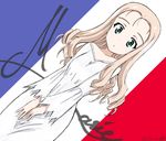  blonde_hair blue_eyes bukkuri casual character_name cowboy_shot cursive dated dress drill_hair flag_background france french_flag girls_und_panzer girls_und_panzer_saishuushou long_hair long_sleeves looking_at_viewer marie_(girls_und_panzer) parted_lips signature solo standing white_dress wide_sleeves 