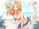  bikini blonde_hair blue_bikini blue_eyes breasts choker covered_nipples day frey_(king's_raid) king's_raid large_breasts leaning_forward lips looking_at_viewer ocean open_mouth outdoors pink_lips sarong solo strap_gap summer swimsuit watermark web_address wind zuriel 