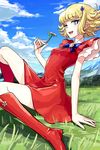  arm_support bangs blonde_hair blue_eyes boots bow cloud curly_hair day dress flower fushoku grass hair_ornament hairpin hana_no_ko_lunlun knee_boots looking_at_viewer lunlun magical_girl mountain open_mouth outdoors red_dress red_footwear short_dress short_hair sitting sky smile solo 