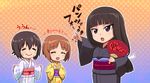  bangs black_kimono blunt_bangs brown_eyes brown_hair chibi closed_eyes closed_mouth eyebrows_visible_through_hair fan floral_print girls_und_panzer gradient gradient_background japanese_clothes kimono long_hair multicolored multicolored_background multiple_girls nishizumi_maho nishizumi_miho nishizumi_shiho orange_background paper_fan pointing polka_dot polka_dot_background print_kimono purple_background shinmai_(kyata) short_hair smile standing stifled_laugh sweatdrop translated wavy_mouth white_kimono yellow_kimono yukata 