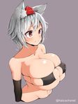  bangs bare_shoulders black_bikini_top black_gloves breasts cleavage collarbone covered_nipples eyepatch_bikini fang_out gloves grey_background haruka_(haruka_channel) hat huge_breasts inubashiri_momiji navel red_eyes short_hair silver_hair simple_background skindentation solo tokin_hat touhou twitter_username upper_body 