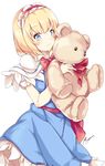  alice_margatroid blonde_hair blue_eyes blush capelet highres maremay0513 red_ribbon ribbon simple_background smile solo stuffed_animal stuffed_toy teddy_bear touhou white_background white_capelet 