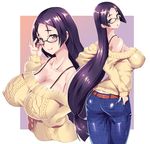  aran_sweater ass bangs blush breasts denim fate/grand_order fate_(series) glasses huge_breasts jeans large_breasts long_hair looking_at_viewer minamoto_no_raikou_(fate/grand_order) off-shoulder_sweater open_mouth pants purple_eyes purple_hair shinozuka_atsuto shiny shiny_clothes smile solo sweater very_long_hair 