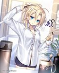  ange_vierge bad_id bad_pixiv_id blonde_hair blue_eyes breasts cleavage closed_mouth collarbone comb combing company_name copyright_name eyebrows_visible_through_hair hair_spray hayamiya large_breasts official_art short_hair solo toothbrush 
