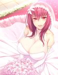  absurdres bangs bare_shoulders blush bouquet breasts bridal_veil choker circlet cleavage collarbone commentary_request dress elbow_gloves eyebrows_visible_through_hair fate/grand_order fate_(series) flower gloves hair_between_eyes hair_flower hair_ornament highres huge_breasts jewelry lace lace-trimmed_dress long_hair lun7732 open_mouth purple_hair red_eyes scathach_(fate)_(all) scathach_(fate/grand_order) smile solo tearing_up veil wedding_dress white_gloves 