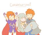  2boys armor blue_hair cape carrying chibi closed_eyes dress eliwood_(fire_emblem) father_and_son fire_emblem fire_emblem:_fuuin_no_tsurugi fire_emblem:_rekka_no_ken fire_emblem_heroes headband highres husband_and_wife long_hair mamkute mother_and_son multiple_boys ninian princess_carry red_hair roy_(fire_emblem) short_hair 