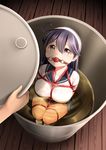  ahoge arms_behind_back ball_gag bdsm black_skirt blush bondage bound bound_arms bound_legs breasts brown_eyes crying crying_with_eyes_open drum_(container) foreshortening gag hair_between_eyes hairband highres holding in_container kantai_collection knees_up large_breasts liquid long_hair looking_up partially_submerged purple_hair red_rope rope school_uniform serafuku shibari shibari_over_clothes shirt short_sleeves sitting skirt solo_focus streaming_tears tareme tears ushio_(kantai_collection) wet wet_clothes wet_shirt white_hairband white_shirt wooden_floor yasume_yukito 