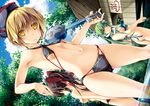  bikini blonde_hair bottomless bow breasts brown_eyes brown_hair day dutch_angle frog_hair_ornament green_hair hair_bow hair_ornament hair_tubes hakurei_reimu halterneck hat instrument kai_yuuki kochiya_sanae long_hair looking_at_viewer lunasa_prismriver medium_breasts multi-strapped_bikini multiple_girls navel outdoors ponytail short_hair sideboob small_breasts snake_hair_ornament standing swimsuit topless touhou underboob yellow_eyes 