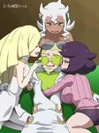  3girls ass_grab awa between_breasts blush breast_rest breasts breasts_on_head burnet_(pokemon) closed_eyes couch dark_skin facial_hair glasses goatee half-closed_eyes happy harem large_breasts lusamine_(pokemon) mature multiple_girls on_couch panties pokemon pokemon_(anime) pokemon_(game) pokemon_sm pokemon_sm_(anime) purple_panties sitting smile sweater turtleneck turtleneck_sweater underwear wicke_(pokemon) 