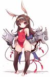  adapted_costume animal_ears azur_lane barefoot black_eyes black_hair braid breasts brown_hair bunny_ears bunny_girl covered_navel full_body hairband highres karukan_(monjya) leotard long_hair looking_at_viewer machinery ping_hai_(azur_lane) red_eyes red_leotard rigging robe simple_background small_breasts solo standing twin_braids white_background white_hairband 