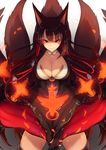  &gt;:) akagi_(azur_lane) animal_ears azur_lane black_hair black_legwear breasts cleavage closed_mouth collarbone commentary_request cowboy_shot fox_ears fox_tail hair_tubes japanese_clothes large_breasts long_hair long_sleeves looking_at_viewer multiple_tails opanchu_(hakusen) red_eyes shikigami smile solo tail thighhighs tsurime v-shaped_eyebrows v_arms wide_sleeves 