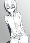 androgynous belt closed_mouth collarbone collared_shirt denim expressionless greyscale hair_between_eyes jeans kino kino_no_tabi looking_at_viewer monochrome nilitsu pants shirt short_hair simple_background sitting solo tomboy 