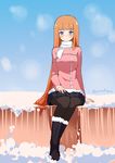  bangs blue_eyes blunt_bangs boots breasts coat hen highres legs_together long_hair medium_breasts orange_hair pantyhose scarf signature sitting smile snow snowing solo very_long_hair winter_clothes winter_coat yokura_(yukilina) yoshida_chizuru_(hen) 