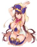  armpits arms_up bangs barefoot beads bikini blue_bikini blue_legwear breasts brown_hair cleavage closed_mouth commentary_request earrings eyebrows_visible_through_hair fate/grand_order fate_(series) full_body hair_between_eyes hat highres jewelry large_breasts long_hair looking_at_viewer navel necklace one_eye_closed prayer_beads purple_eyes revision seiza sitting solo swimsuit thighhighs thomasz very_long_hair xuanzang_(fate/grand_order) 