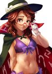 adjusting_eyewear bikini blush bow breasts brown_eyes brown_hair cape cleavage clothes_writing commentary_request fedora glasses gloves hat hat_bow highres looking_at_viewer navel parted_lips purple_bikini red-framed_eyewear semi-rimless_eyewear small_breasts solo stomach swimsuit touhou under-rim_eyewear upper_body usami_sumireko white_bow white_gloves yasaidon 