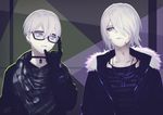  1girl android glasses gloves hekoheko jacket looking_at_another mole nier_(series) nier_automata short_hair silver_hair yorha_no._9_type_s yorha_type_a_no._2 