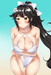  arlonn ass_visible_through_thighs azur_lane black_hair blue_background bow breasts brown_eyes casual_one-piece_swimsuit cleavage cowboy_shot hair_bow hair_flaps highres large_breasts leaning_forward long_hair looking_to_the_side one-piece_swimsuit ponytail simple_background solo standing swimsuit takao_(azur_lane) white_bow white_swimsuit 