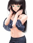  bangs bare_shoulders black_hair commentary_request green_eyes hair_ornament hairclip hands_in_hair jyon komiya_arisa kurosawa_dia long_hair looking_at_viewer love_live! love_live!_sunshine!! midriff mole mole_under_mouth navel parted_lips partially_undressed photo-referenced seiyuu_connection shirt_lift simple_background solo stomach strapless white_background 