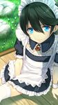  alternate_costume apron black_hair blue_eyes crossdressing dress earrings enmaided garter_straps highres horikawa_kunihiro jewelry maid maid_headdress male_focus rayn sitting stud_earrings thighhighs touken_ranbu white_legwear wrist_cuffs 