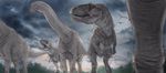  cloud cloudy_sky commentary_request day dinosaur forest giganotosaurus highres kamemaru nature no_humans open_mouth outdoors pterosaur scenery sky standing tree 