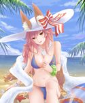  animal_ears beach bikini blue_bikini blush breasts cleavage collarbone day ears_through_headwear fang fate/grand_order fate_(series) fox_ears fox_tail hat highres large_breasts long_hair looking_at_viewer meo_(1271884559) navel ocean open_mouth outdoors palm_leaf palm_tree pink_hair sitting solo starfish sun_hat swimsuit tail tamamo_(fate)_(all) tamamo_no_mae_(swimsuit_lancer)_(fate) tree wet white_hat yellow_eyes 