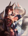  :d akagi_(azur_lane) animal_ears azur_lane bangs black_gloves blue_skirt blunt_bangs blush breast_press breasts brown_eyes brown_hair cleavage closed_mouth collarbone detached_collar fox_ears fox_tail gloves green_eyes grey_background holding_hands igarashi_youhei interlocked_fingers kaga_(azur_lane) long_hair long_sleeves looking_to_the_side medium_breasts multiple_girls multiple_tails open_mouth pleated_skirt red_skirt ribbon_trim sash short_hair silver_hair simple_background skirt smile standing symmetrical_docking tail tassel tsurime wide_hips wristband 