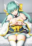  aqua_hair areola_slip areolae bangs bare_shoulders bikini blush bol_(liliymimi) bow breasts cleavage eyebrows_visible_through_hair fate/grand_order fate_(series) hair_bow heart-shaped_boob_challenge highres horns japanese_clothes kiyohime_(fate/grand_order) kiyohime_(swimsuit_lancer)_(fate) large_breasts long_hair looking_at_viewer navel smile solo swimsuit thighhighs white_legwear yellow_bikini yellow_eyes 