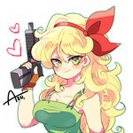  artist_name azu_(kirara310) bare_arms blonde_hair blush_stickers dragon_ball dragon_ball_(classic) eyebrows_visible_through_hair gloves green_eyes green_shirt hair_ribbon heart long_hair looking_at_viewer lunch_(dragon_ball) ribbon shirt simple_background smile solo tank_top weapon white_background 