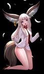  animal_ear_fluff animal_ears bad_id bad_pixiv_id bangs between_breasts black_background blade_&amp;_soul blue_eyes blunt_bangs breasts dress_shirt ear_piercing feathers full_body kneeling large_tail long_hair lyn_(blade_&amp;_soul) naked_shirt navel necktie necktie_between_breasts no_bra open_clothes open_mouth open_shirt panties phonic piercing shirt small_breasts solo tail thick_thighs thighs underwear white_hair white_panties white_shirt 