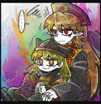  2girls black_border black_footwear black_hat blonde_hair blush_stickers border chair chinese_clothes eyebrows_visible_through_hair green_skirt hat jitome junko_(touhou) long_hair matara_okina multiple_girls orange_eyes orange_hair pointy_ears red_eyes sitting sitting_on_lap sitting_on_person size_difference skirt smile spoken_ellipsis squiggle suenari_(peace) tabard touhou white_skin wide_sleeves younger 