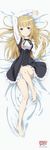  absurdres arm_up barefoot black_dress black_ribbon blonde_hair blue_eyes copyright_name dakimakura dress eyebrows_visible_through_hair frilled_dress frills from_above full_body highres long_hair looking_at_viewer lying neck_ribbon on_back pinafore_dress princess_(princess_principal) princess_principal ribbon school_uniform shirt smile solo very_long_hair white_shirt 